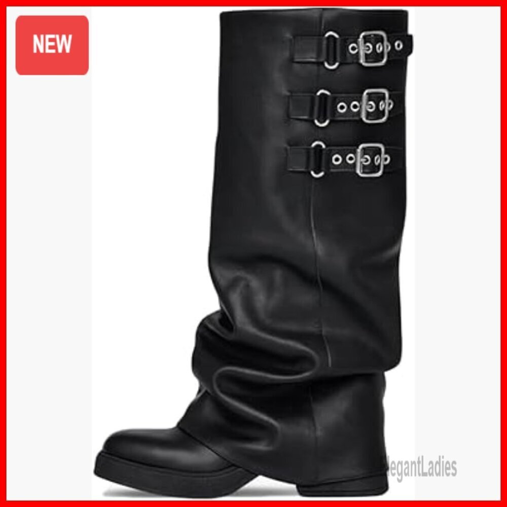 Knee High Motorcycle Boots Platform Square Toe Fold Over Slouchy
